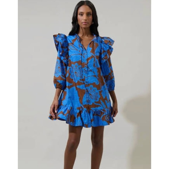 Sugarlips Dresses & Skirts - Sugarlips Blue Brown Floral Ruffle Shoulder Cotton Mini Dress Small